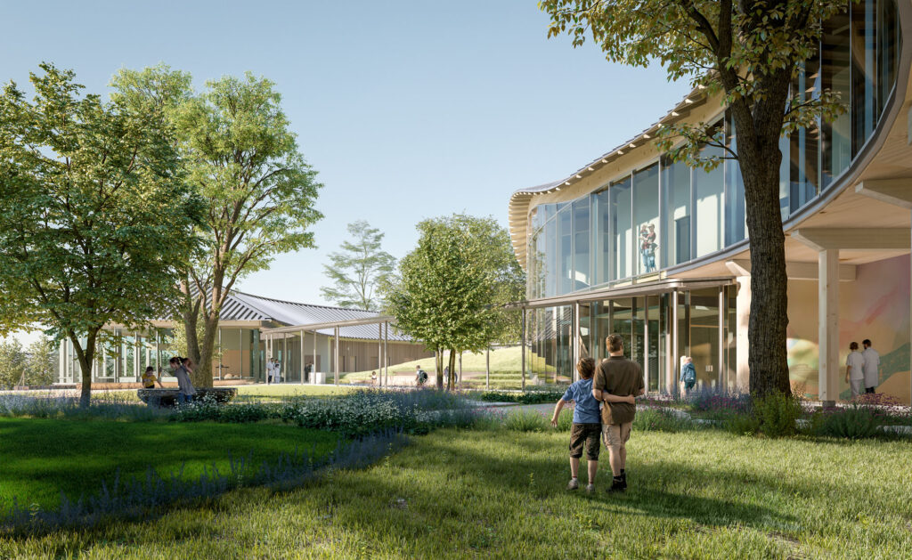 a rendering of a hospital exterior surrounded by trees and people walking through paths