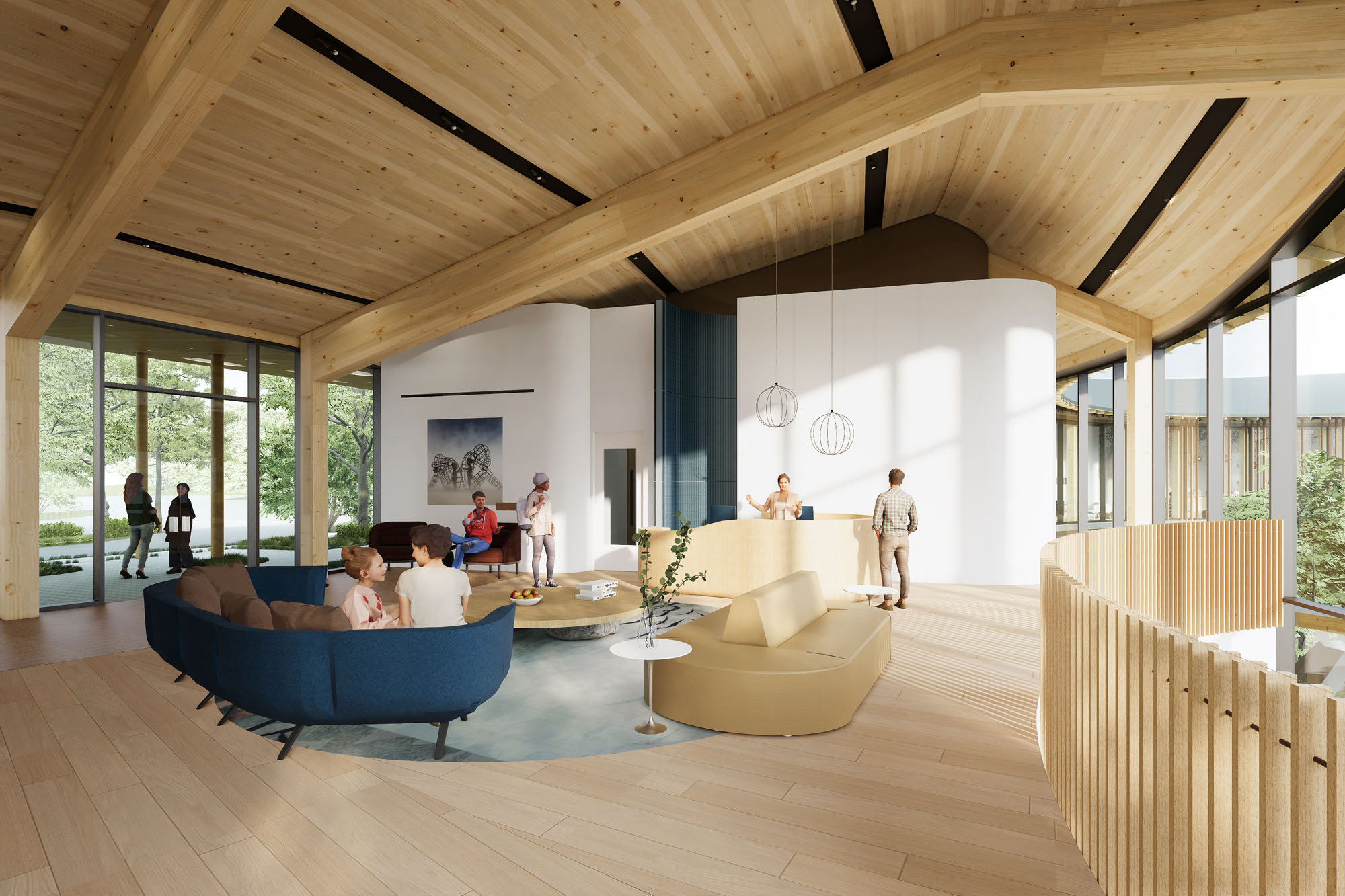 a rendering of a hospital lobby interior made of wood