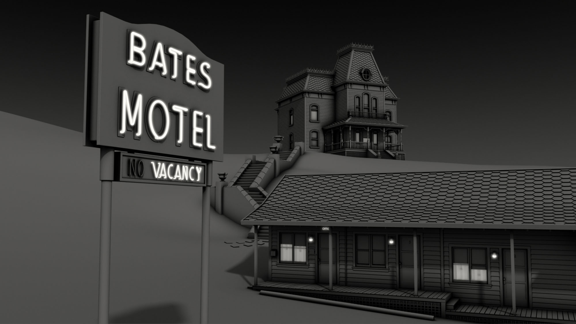 3D rendering of the bates motel and mansion