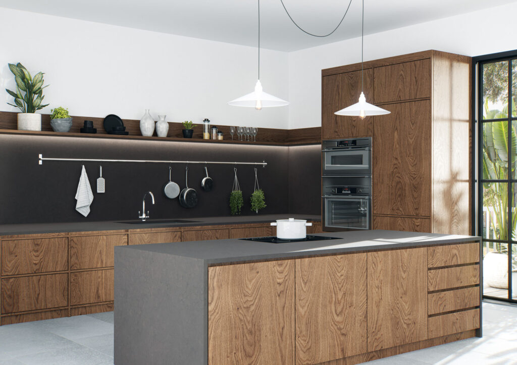 An image of a kitchen with wooden cabinets and a dark gray countertop