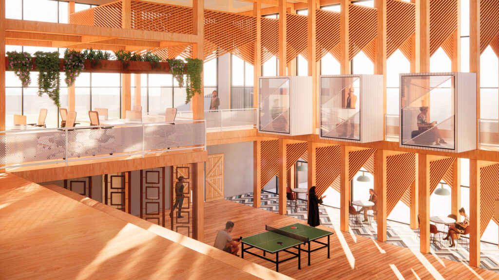 rendering of a wood clad interior community center