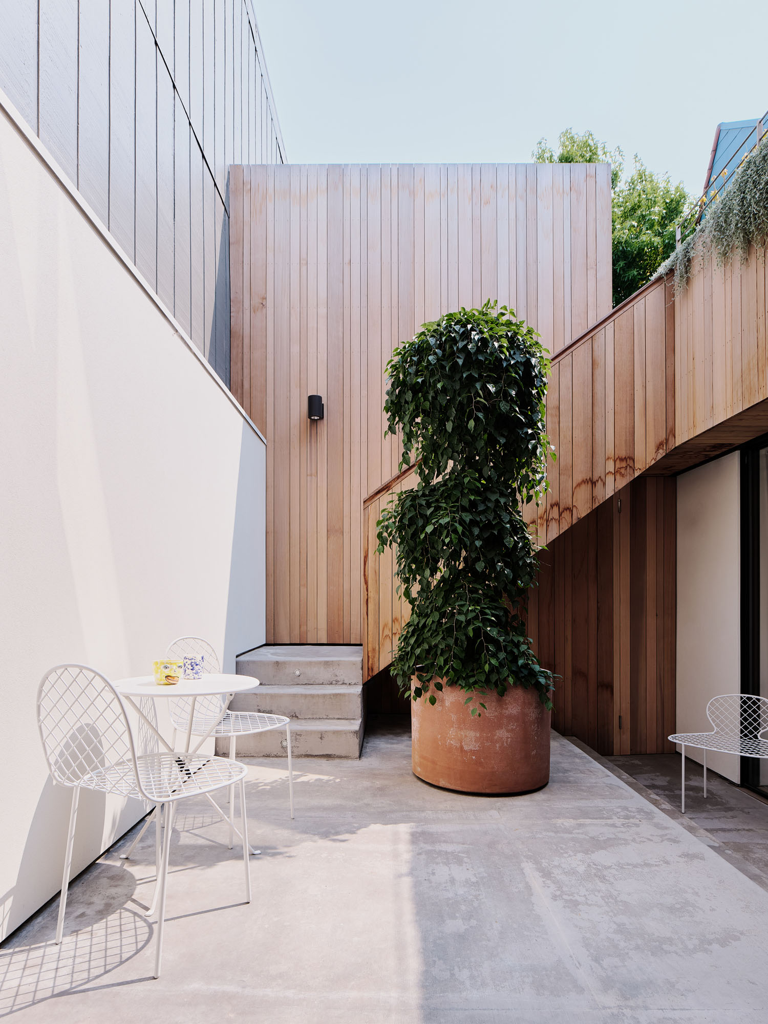image of a small courtyard with a concrete patio, exterior wood staircase, and potted tree