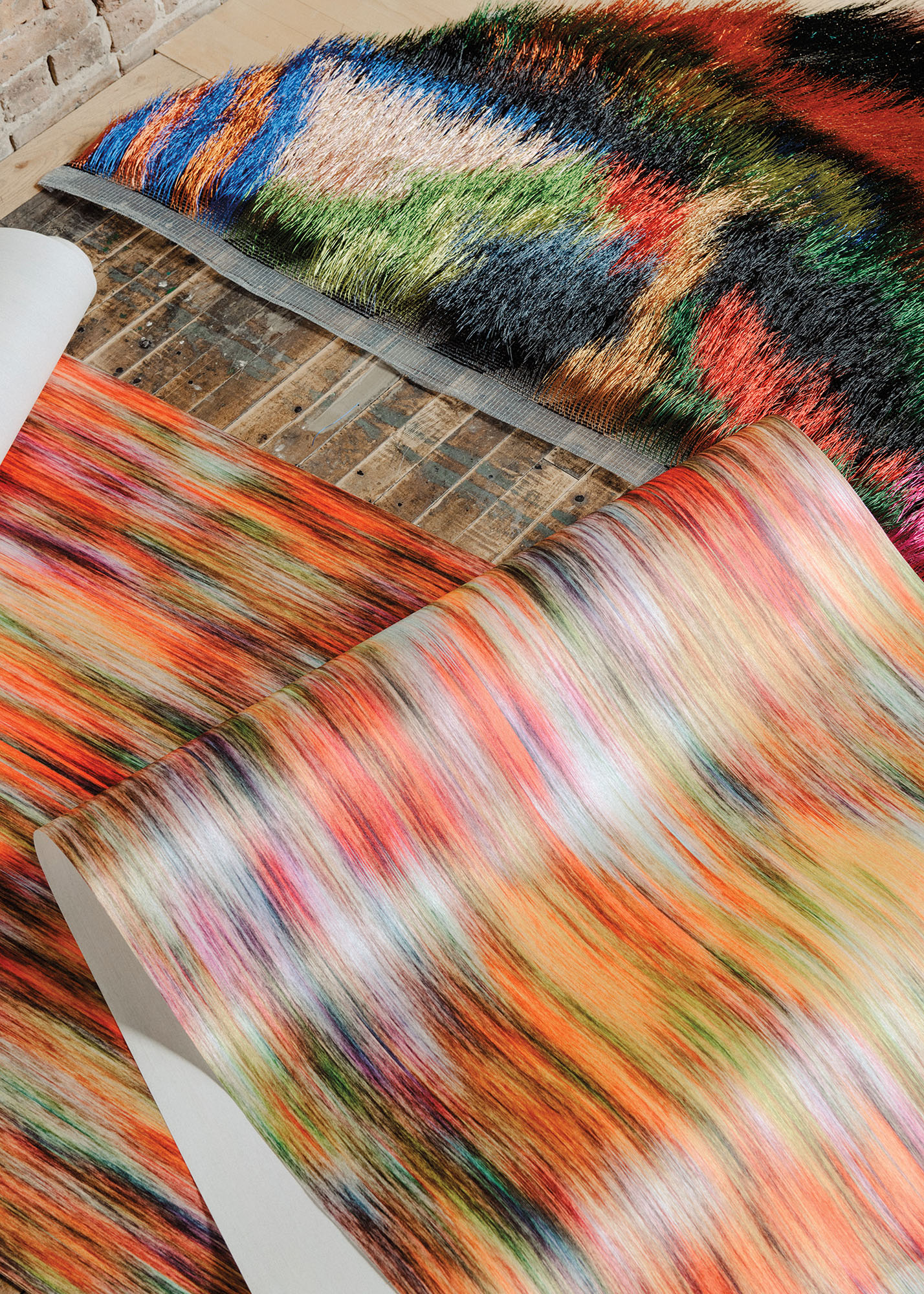 detail of a colorful fabric designed by Nick Cave
