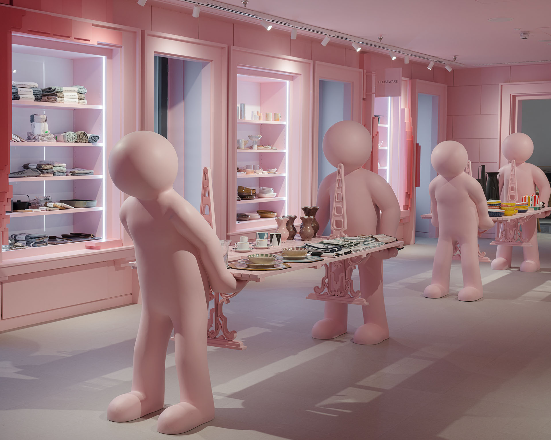 pink-walled homegoods  area of the store with large figures holding tables