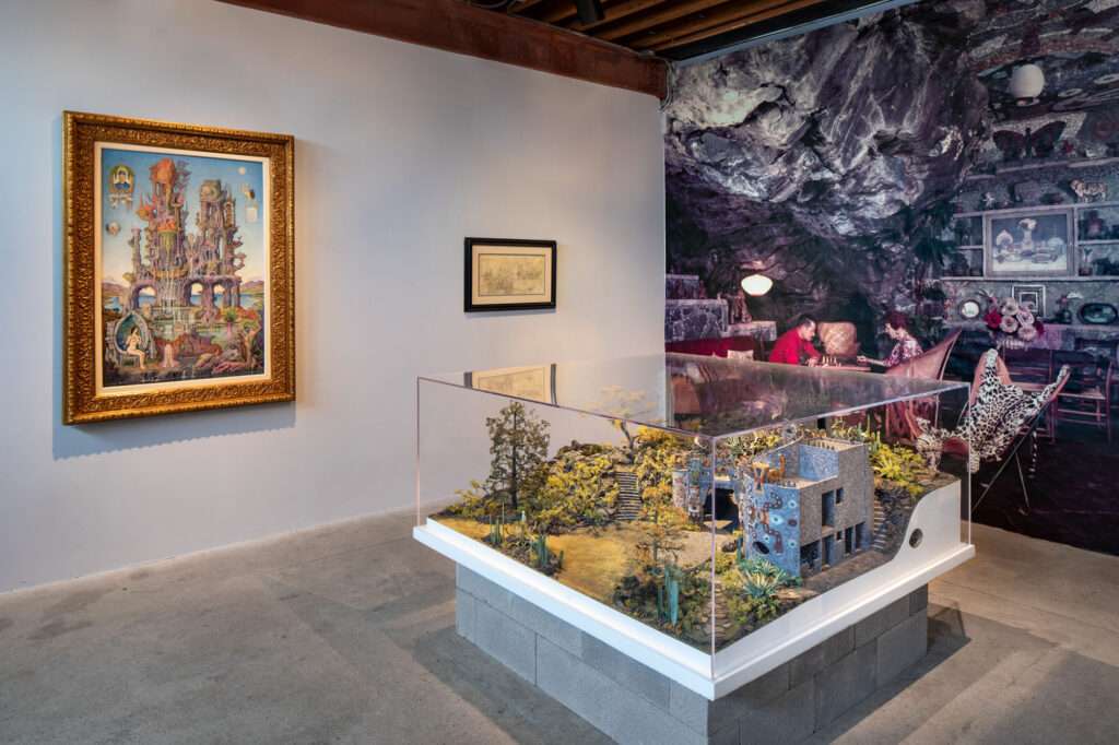 installation view of an architectural model, paintings, and plans at the noguchi museum