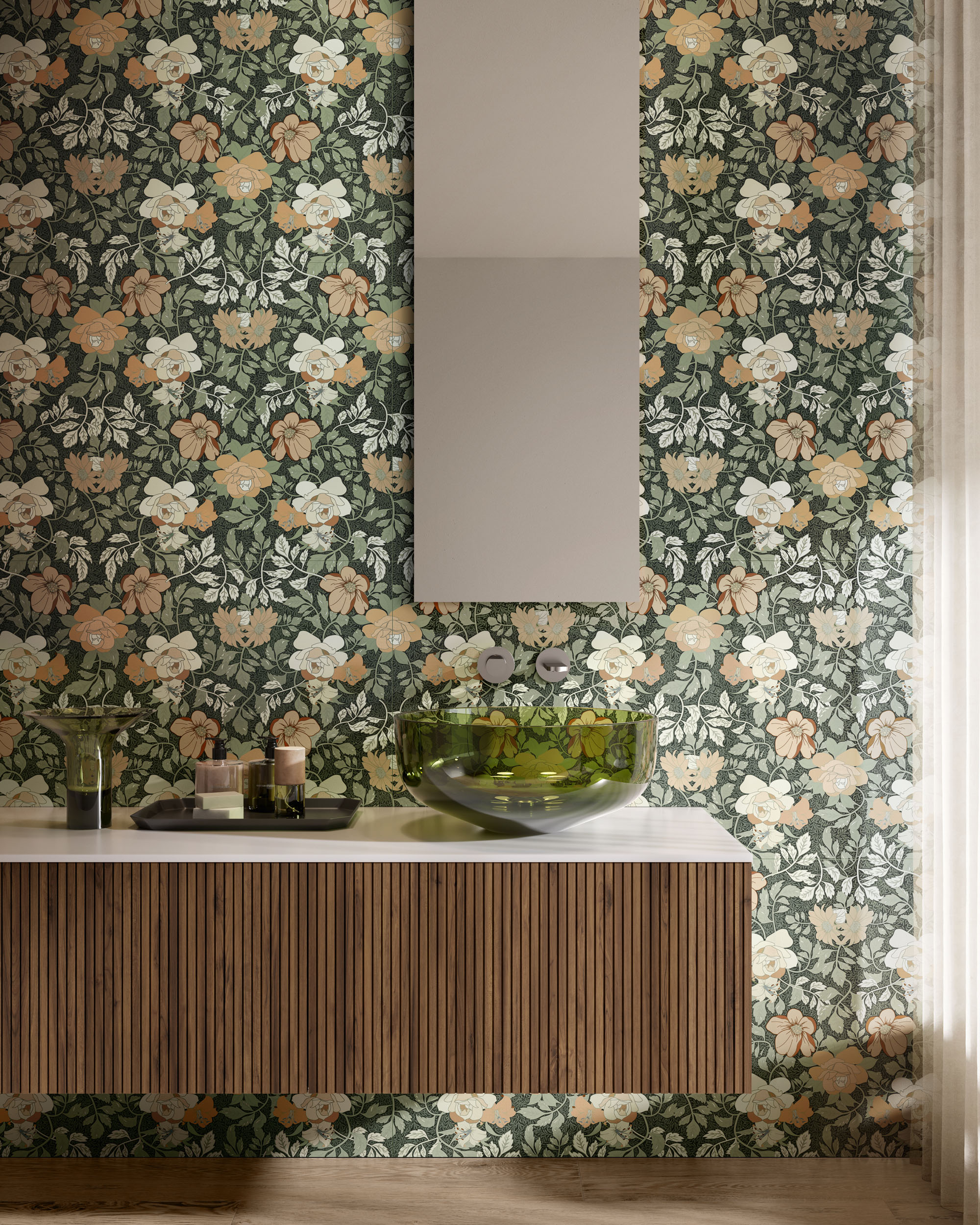 White-topped console in mounted to wall covered in green floral print ceramic tile.