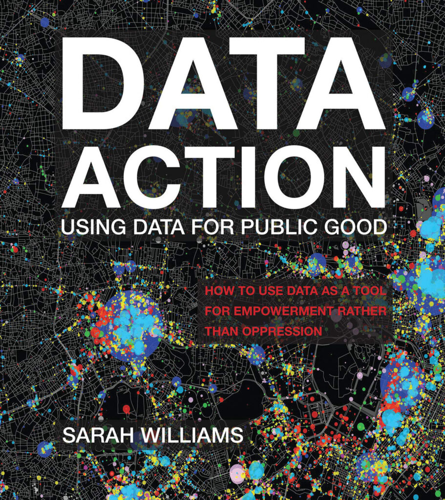 Data for action logo over a map of a city with colored dots