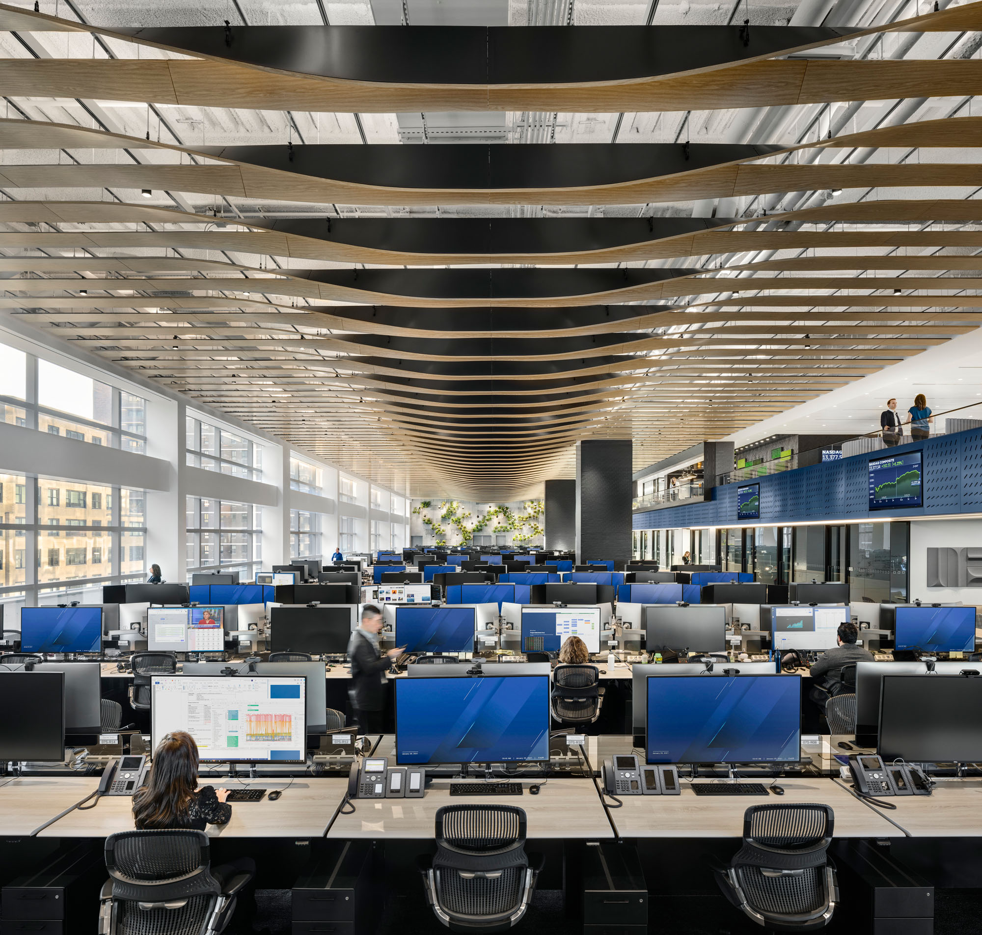 rows of workstations at Deutsche Bank's headquarters