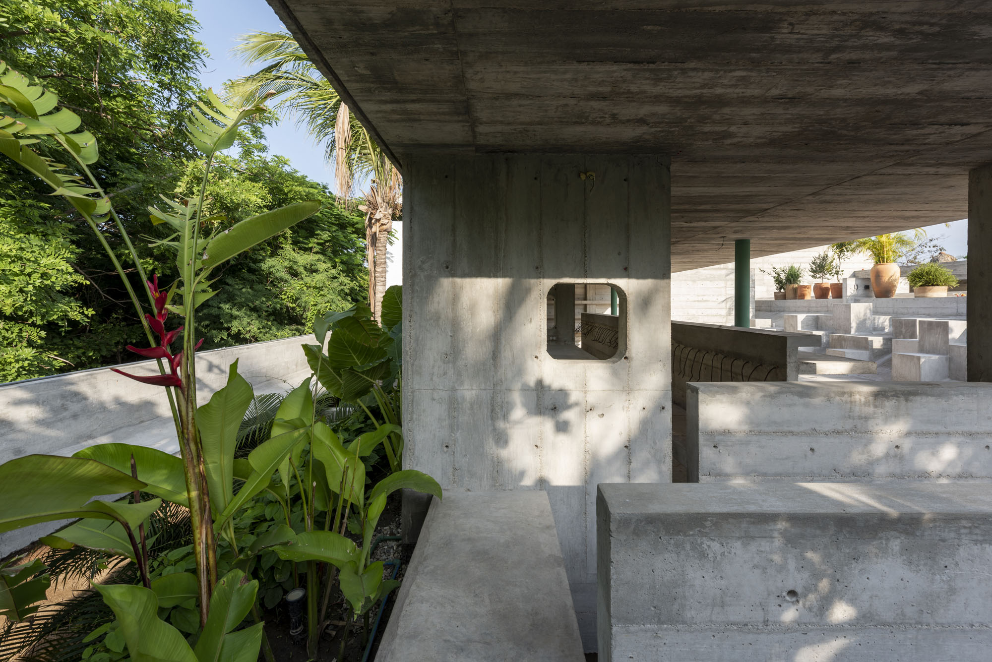 Interior of an open air concrete spa and resort in mexico