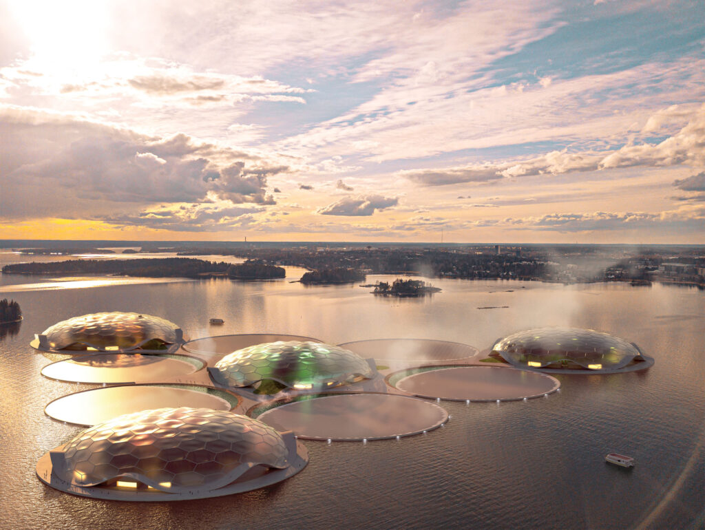 Carlo Ratti Associati proposes a group of floating cylindrical islands off the coast of Helsinki to store thermal energy and serve as a community recreation zone.