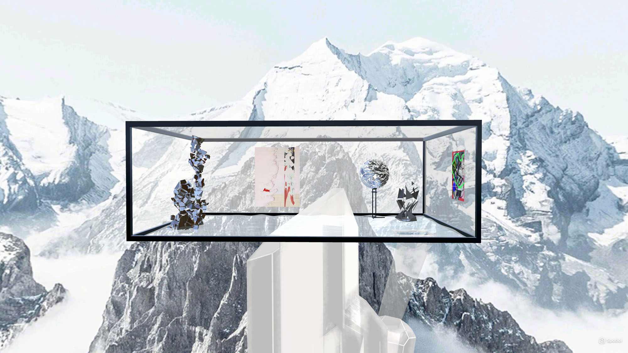 a rendering of a virtual environment shows a transparent cube on top of a pile of crystals with mountains in the background
