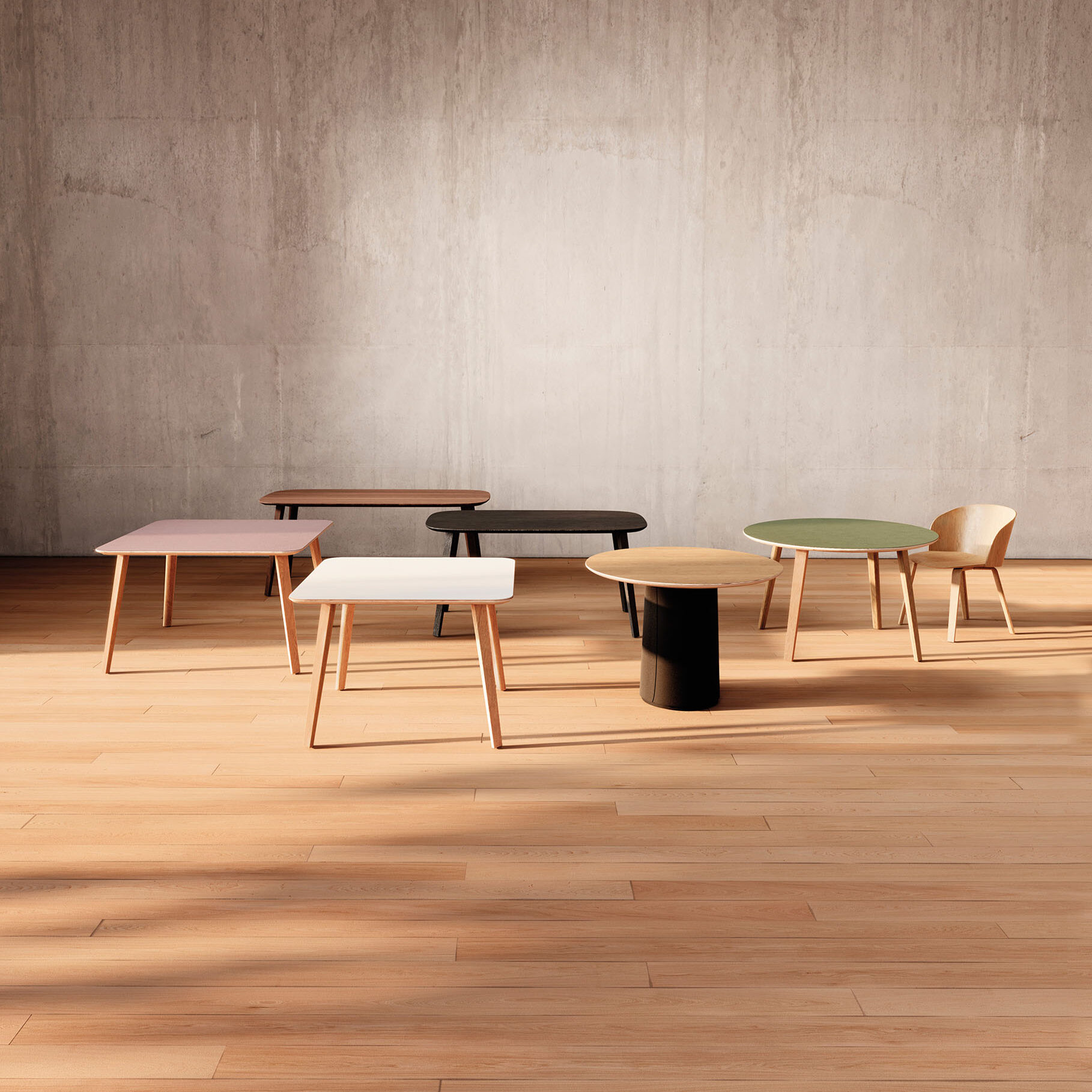 a collection of wooden tables