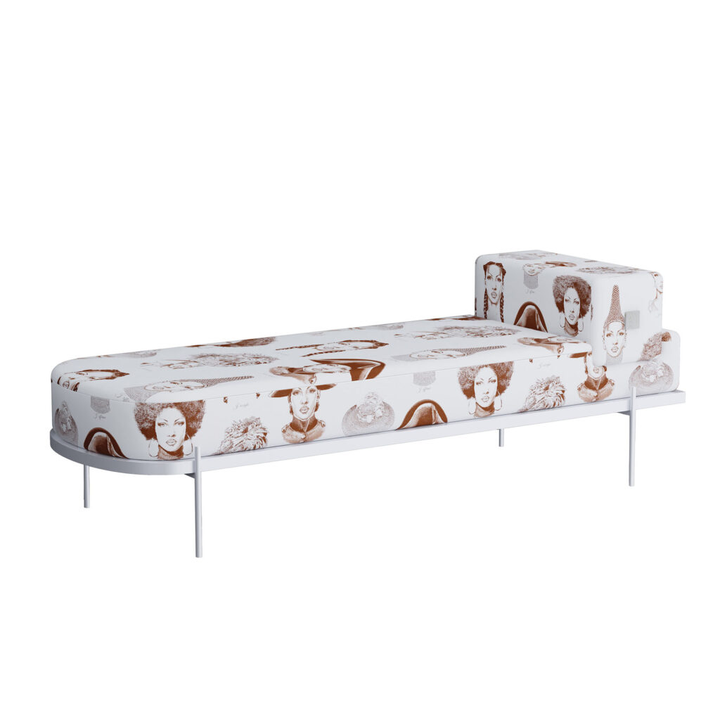 An image of a chaise lounge with faces printed on it