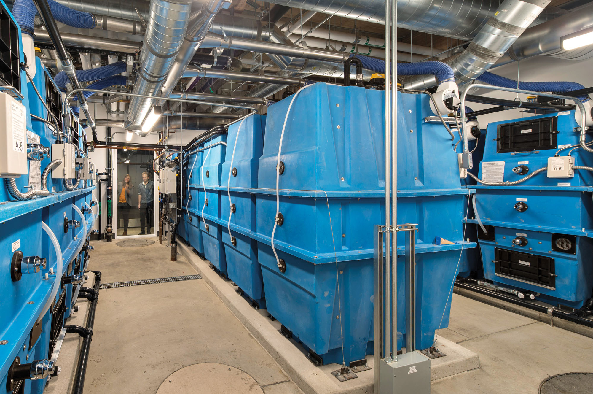 A photograph of the PAE Living Building's water recycling room features rows of blue plastic tanks