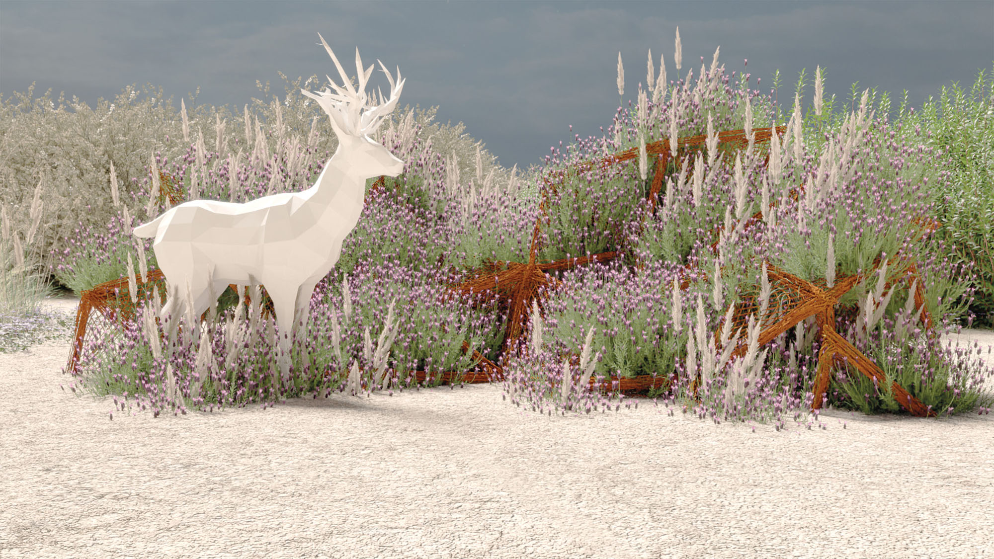 rendering of a deer in an artificial natural landscape