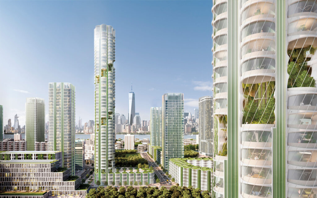 a  futuristic rendering of SOM's urban Sequoia, large towers have carbon-capturing windows of greenery