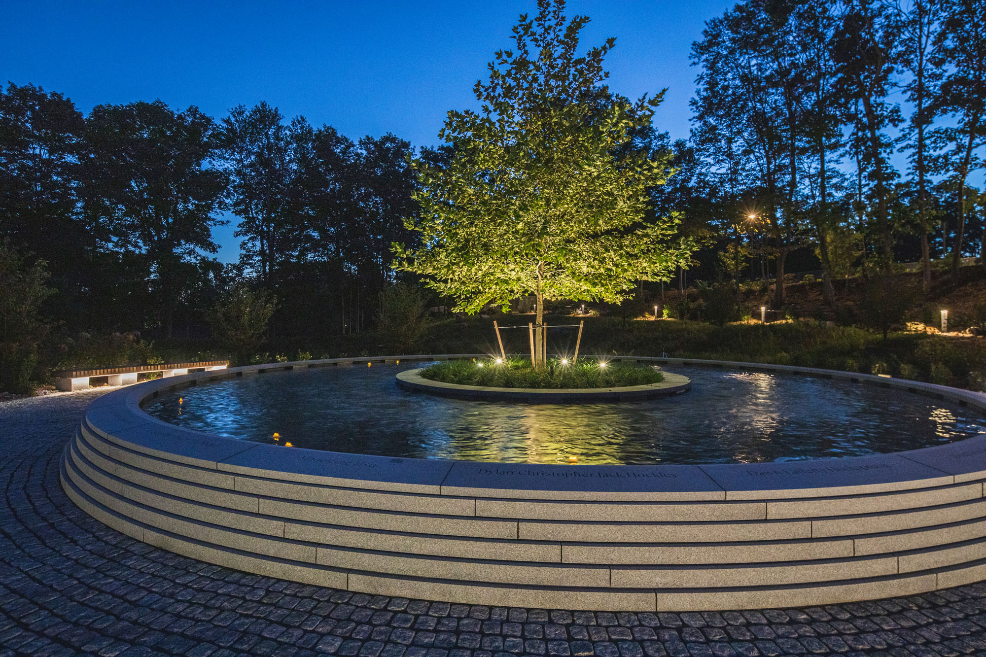 evening photograph of a circular fountain with a tree at its center