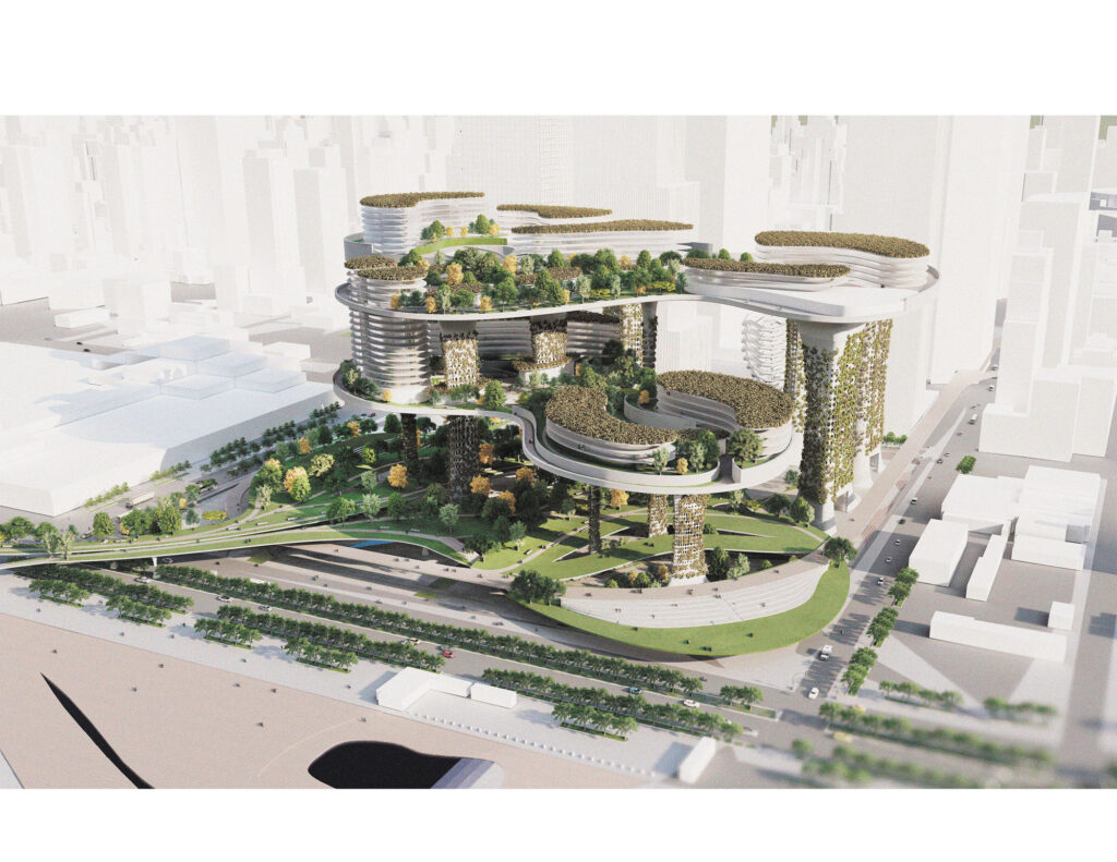 rendering of urban project covered in abundant greenery