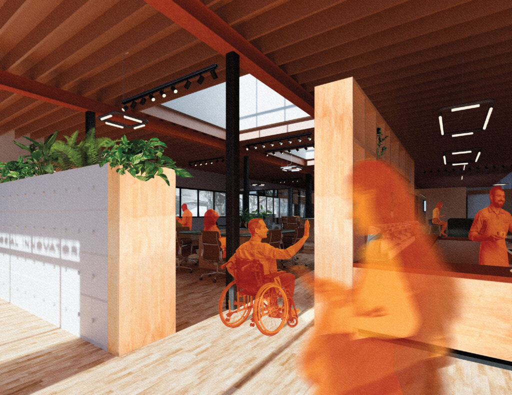 rendering of interior community space with people. 